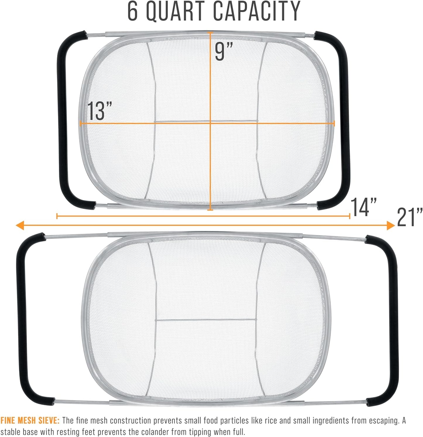 Kitchen 6-Quart Stainless Steel Strainer Collapsible Colander with Expandable Rubber Handles
