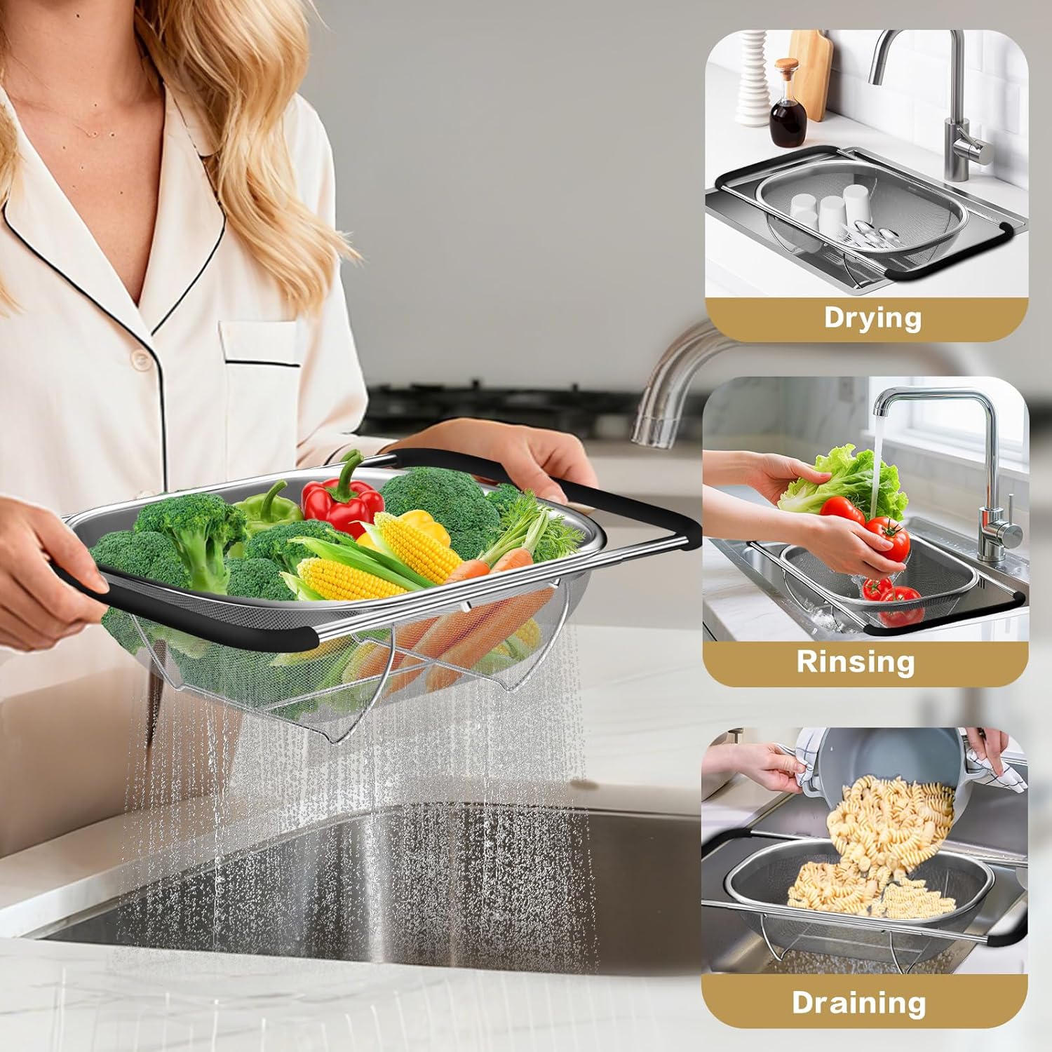 Kitchen 6-Quart  Stainless Steel Strainer Collapsible Colander with Expandable Rubber Handles