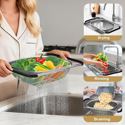 Kitchen 6-Quart  Stainless Steel Strainer Collapsible Colander with Expandable Rubber Handles