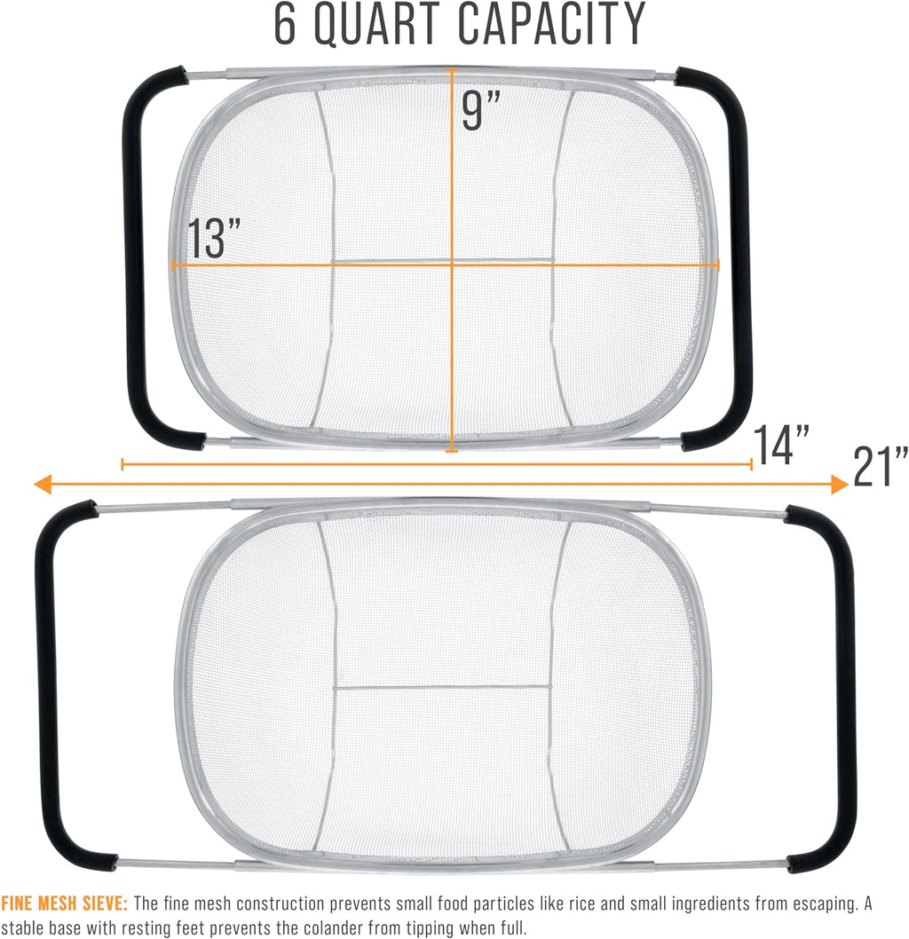 Kitchen 6-Quart  Stainless Steel Strainer Collapsible Colander with Expandable Rubber Handles