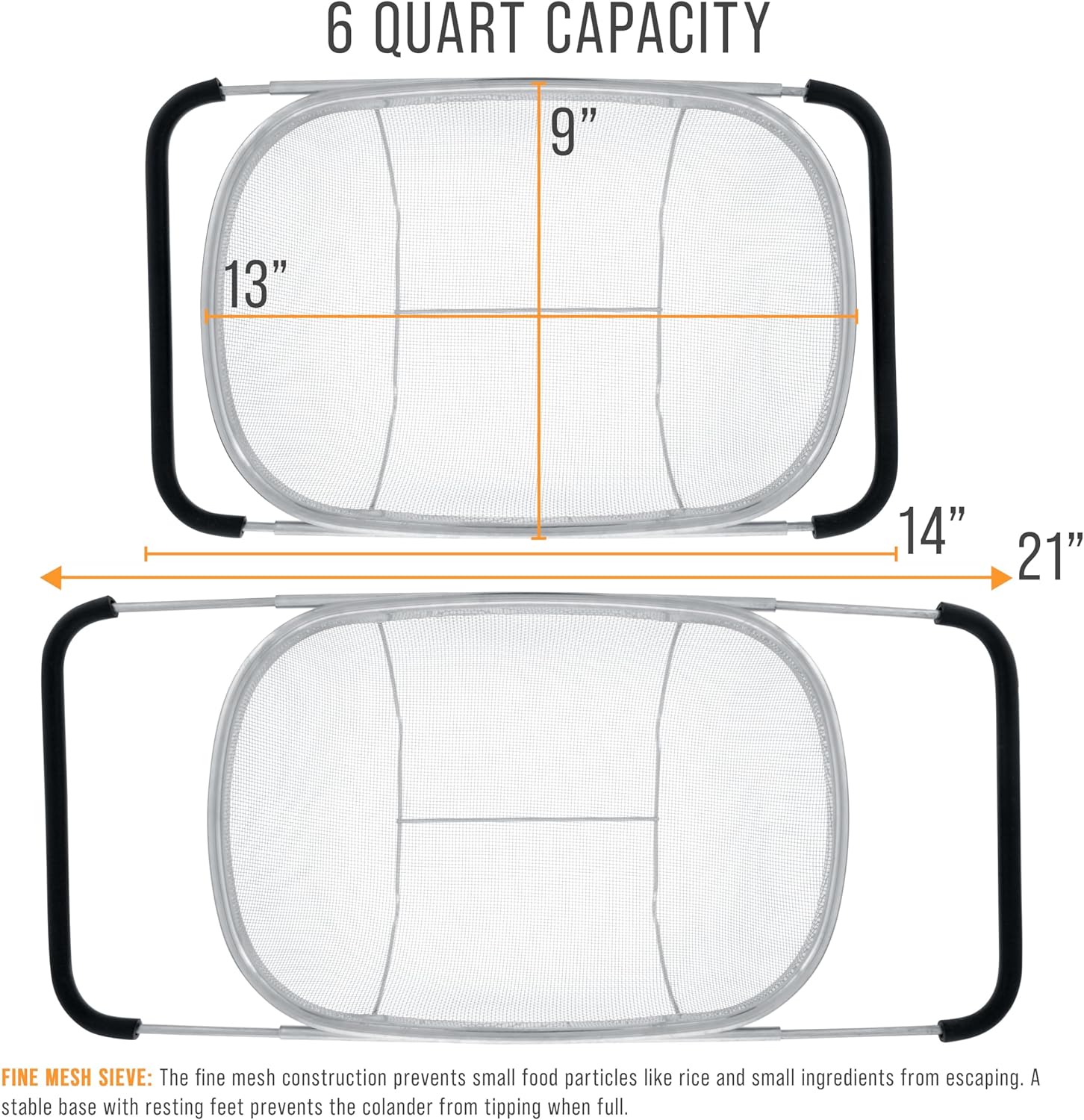Kitchen 6-Quart  Stainless Steel Strainer Collapsible Colander with Expandable Rubber Handles