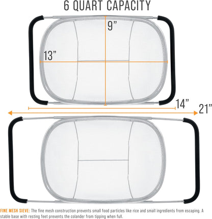 Kitchen 6-Quart  Stainless Steel Strainer Collapsible Colander with Expandable Rubber Handles