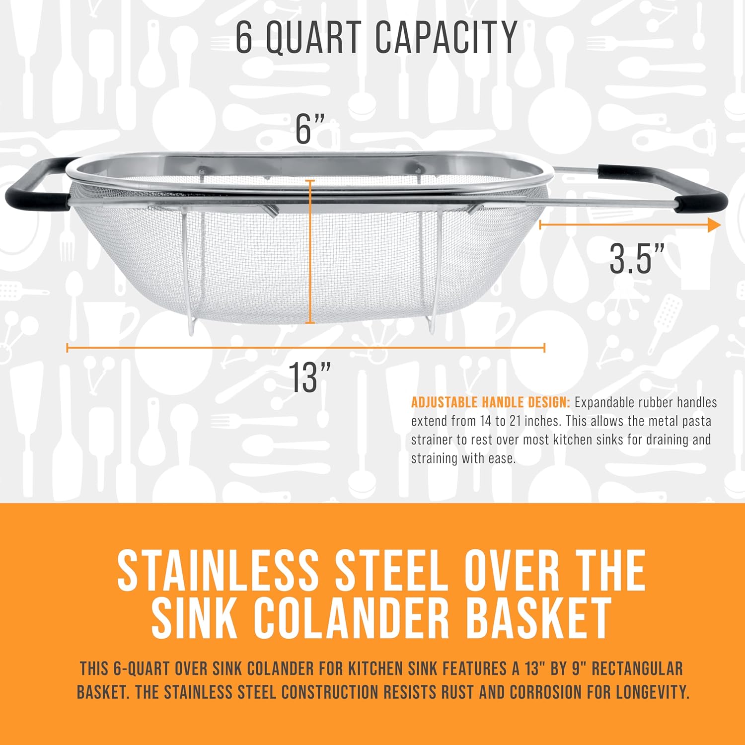 Kitchen 6-Quart  Stainless Steel Strainer Collapsible Colander with Expandable Rubber Handles
