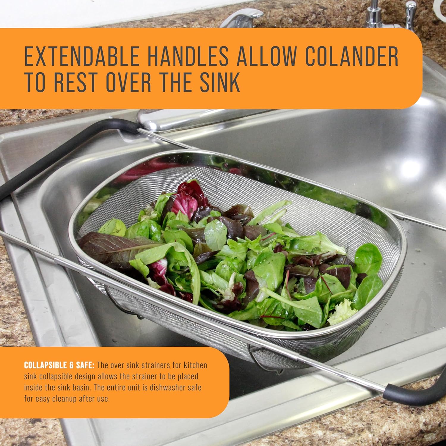 Kitchen 6-Quart  Stainless Steel Strainer Collapsible Colander with Expandable Rubber Handles