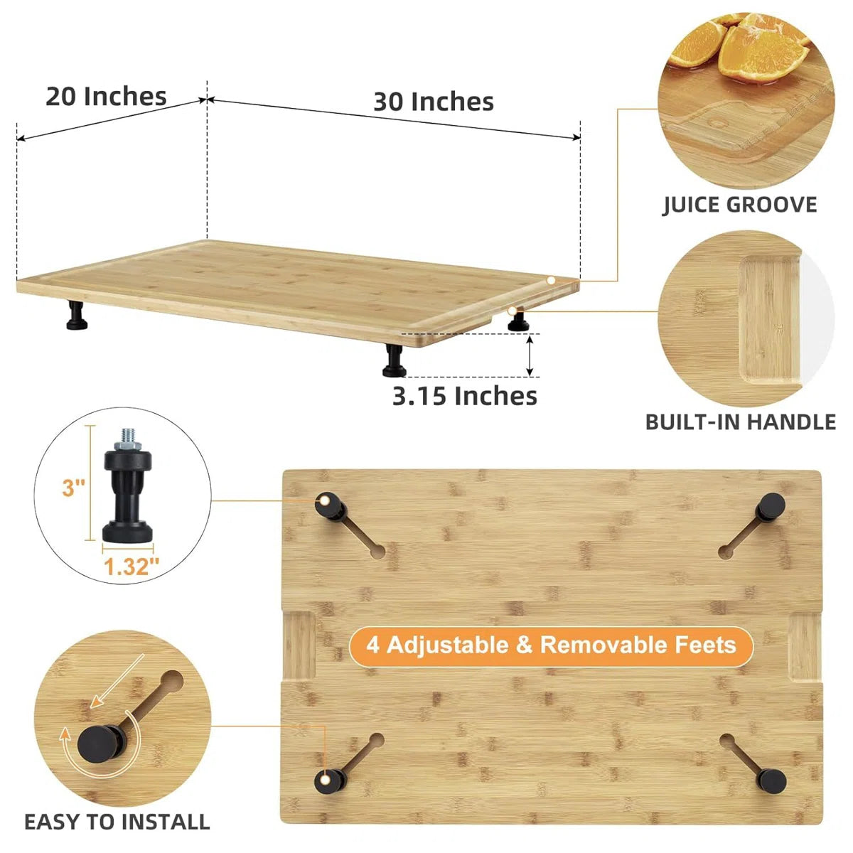 30"x20"  Bamboo Cutting Board Stovetop Cover with 4 Removable Feet