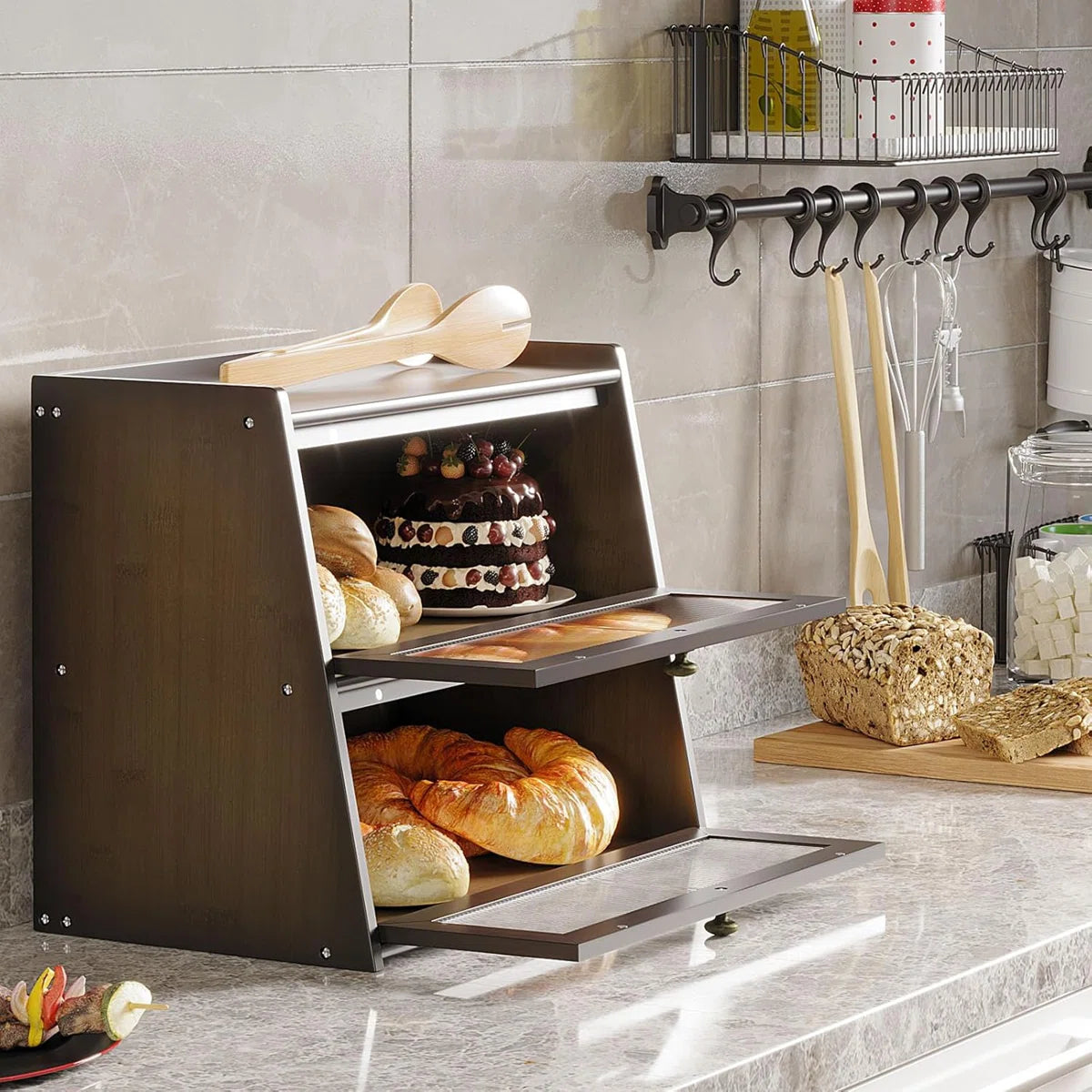 Kitchen Counter Top Double Layer Bread Box Storage Bin Breadbox Organizer