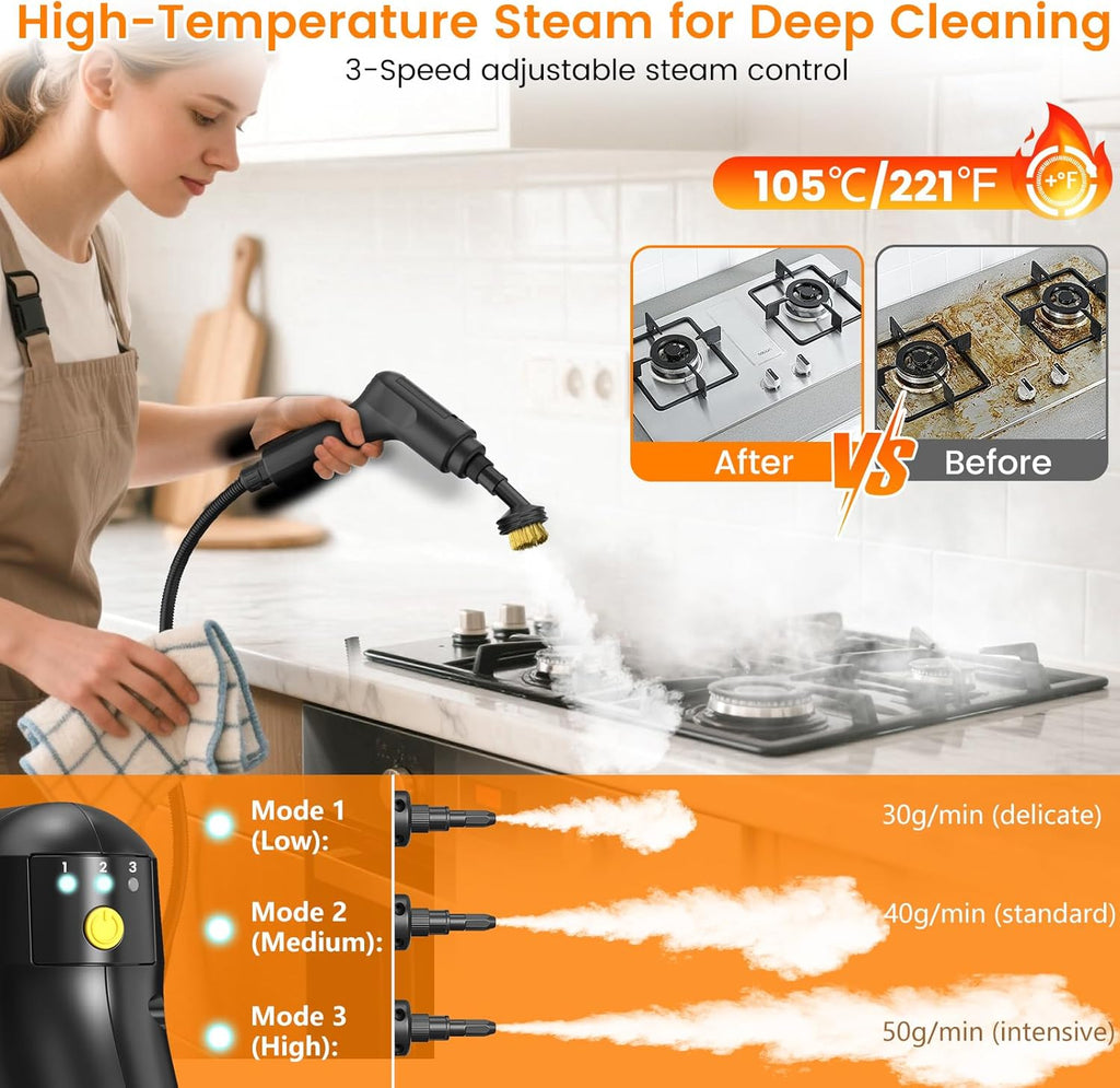 Pressurized Steam Cleaner, 3-Level Adjustable Handheld Steamer Cleaning for Home & Kitchen & Bathroom