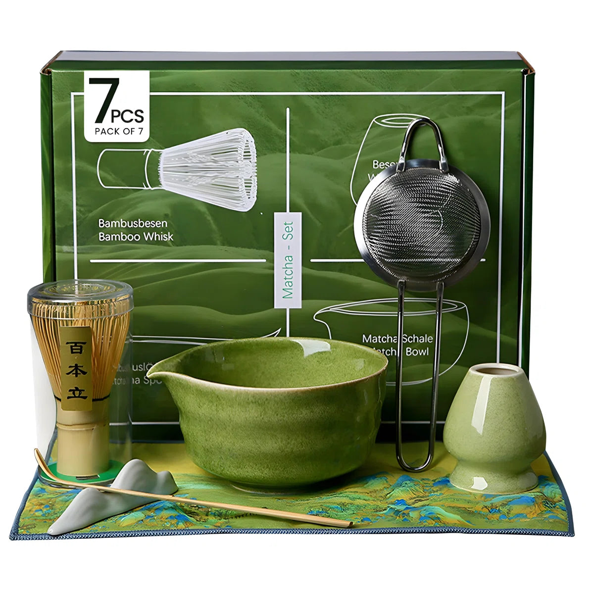 7-Piece Matcha Tea Set – Bamboo Whisk, Ceramic Bowl, Ceramic Stand, Sifter, Scoop and Tea Towel