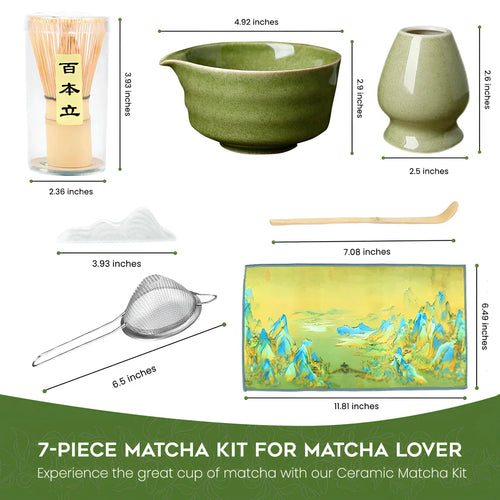 7-Piece Matcha Tea Set – Bamboo Whisk, Ceramic Bowl, Ceramic Stand, Sifter, Scoop and Tea Towel