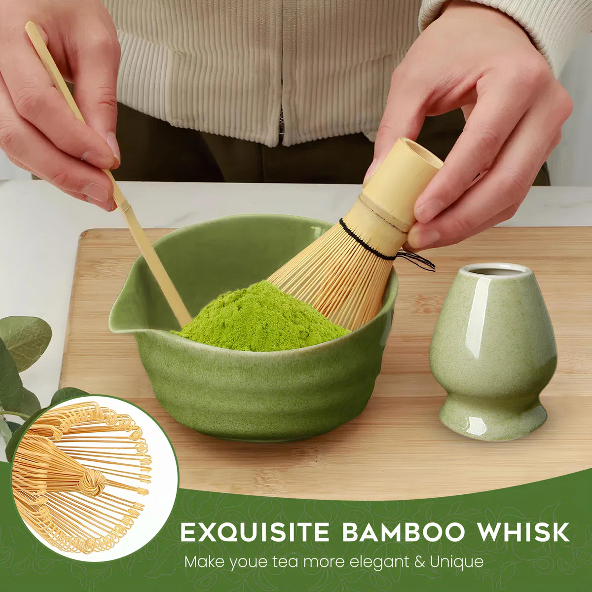 7-Piece Matcha Tea Set – Bamboo Whisk, Ceramic Bowl, Ceramic Stand, Sifter, Scoop and Tea Towel